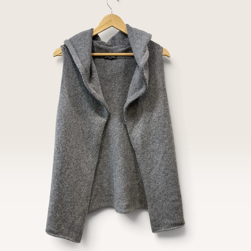 Eileen Fisher Grey Wool Mohair Blend Hooded Open Front Sweater Vest Small